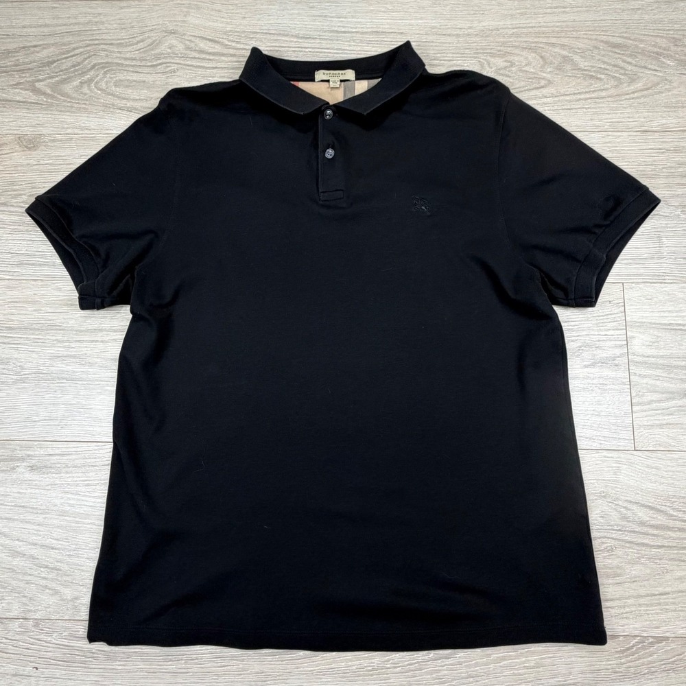 Burberry London Mens Black Polo Shirt XL Short Sleeve Nova Check‎ Trim Logo